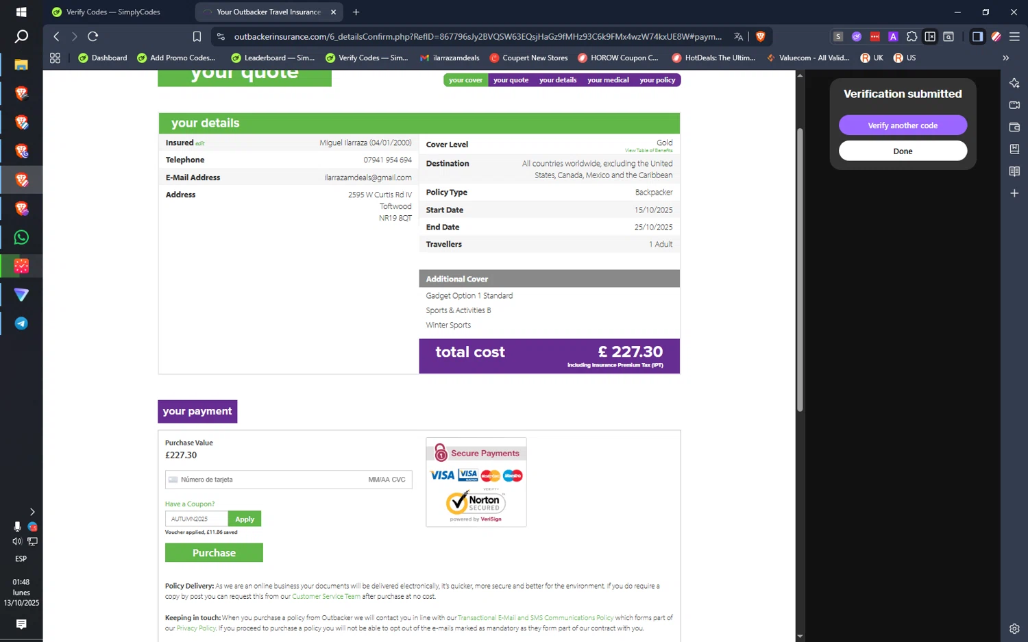 Outbacker Insurance discount code screenshot showing code AUTUMN2025 applied at Outbacker Insurance checkout page. Uploaded by SimplyCodes community member ilarrazaM3 on Oct 13, 2025
