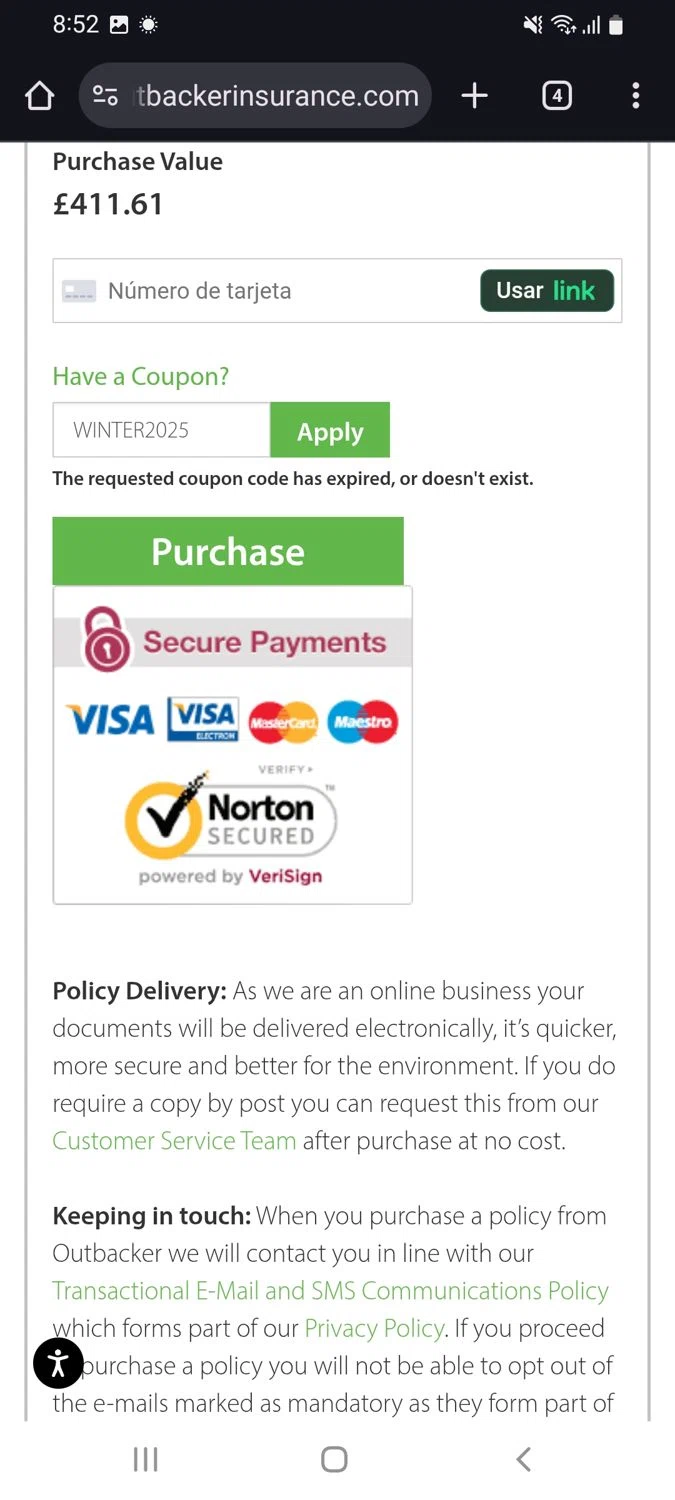 Outbacker Insurance promo code screenshot showing code AUTUMN2025 applied at Outbacker Insurance checkout page. Uploaded by SimplyCodes community member tulioriera on Jan 8, 2026