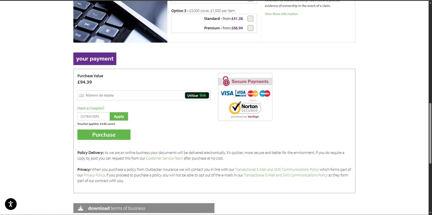 Outbacker Insurance discount code screenshot showing code OUTBACKER5 applied at Outbacker Insurance checkout page. Uploaded by SimplyCodes community member Depressive on Mar 23, 2025