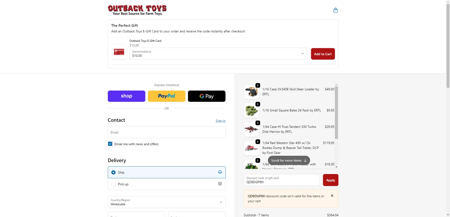 Outback Toys promo code screenshot showing code QD8DGP8H applied at Outback Toys checkout page. Uploaded by SimplyCodes community member ExtraordinaryShopper780 on Dec 4, 2025