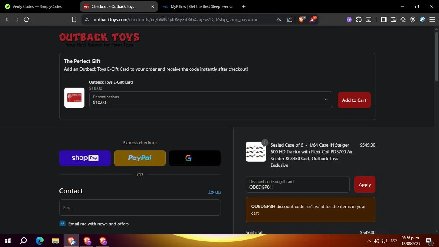 Outback Toys promo code screenshot showing code QD8DGP8H applied at Outback Toys checkout page. Uploaded by SimplyCodes community member Yoseff on Aug 12, 2025