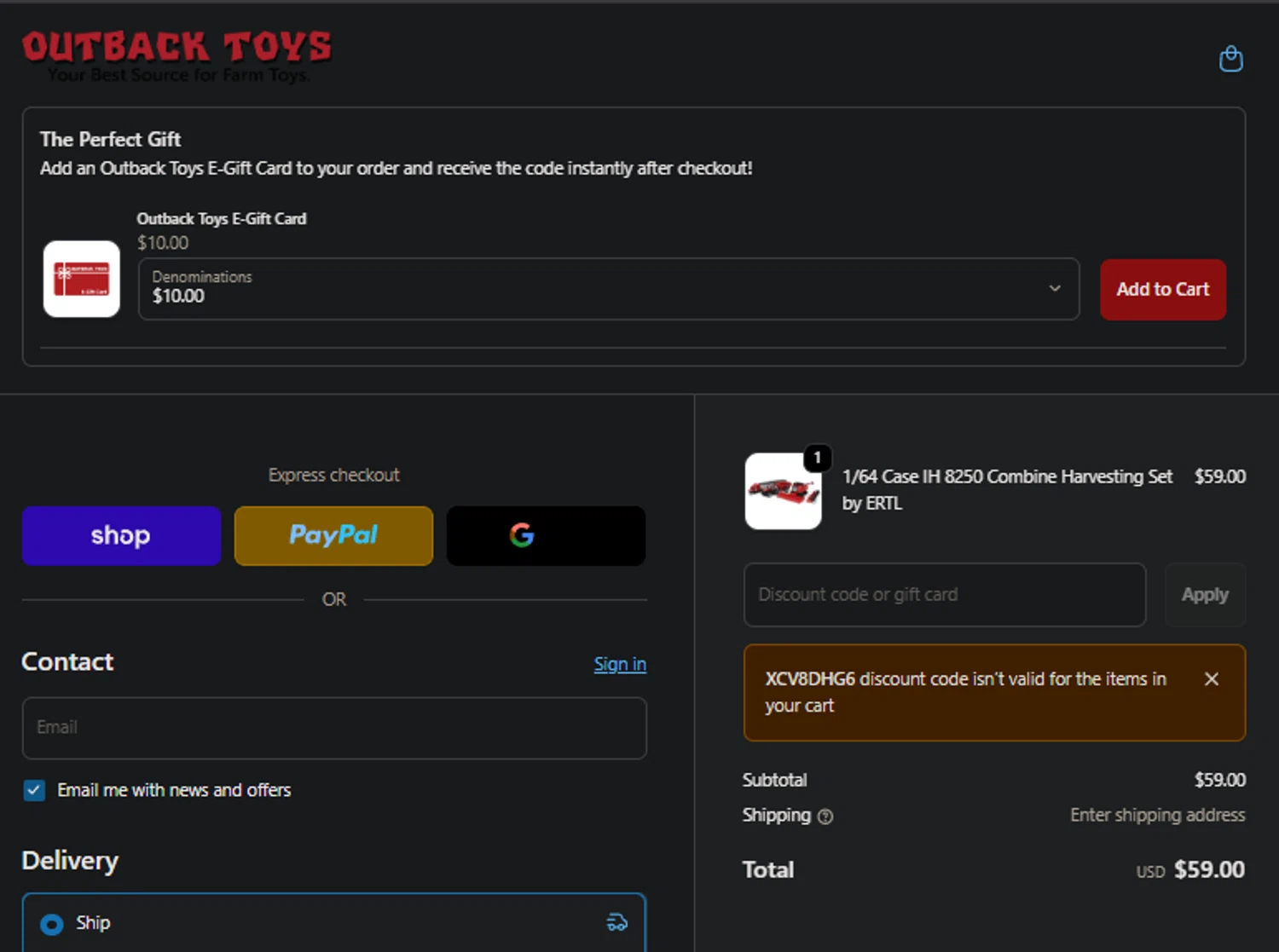 Outback Toys promo code screenshot showing code XCV8DHG6 applied at Outback Toys checkout page. Uploaded by SimplyCodes community member idkxxx on Dec 23, 2025