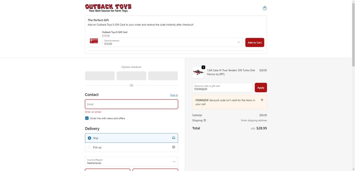 Outback Toys promo code screenshot showing code F5DMQZ3F applied at Outback Toys checkout page. Uploaded by SimplyCodes community member TreasureKnight4134 on Oct 29, 2025