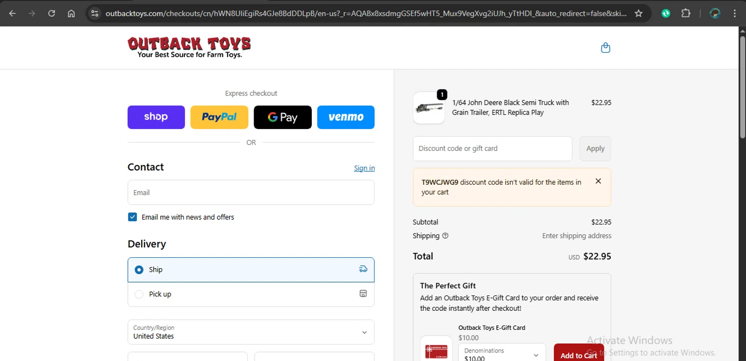 Outback Toys checkout page showing Outback Toys promo code box | Screenshot taken by SimplyCodes community member on Feb 6, 2026
