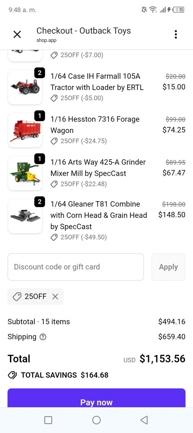 Outback Toys promo code screenshot showing code 25off applied at Outback Toys checkout page. Uploaded by SimplyCodes community member BonusVoyager4214 on May 15, 2026