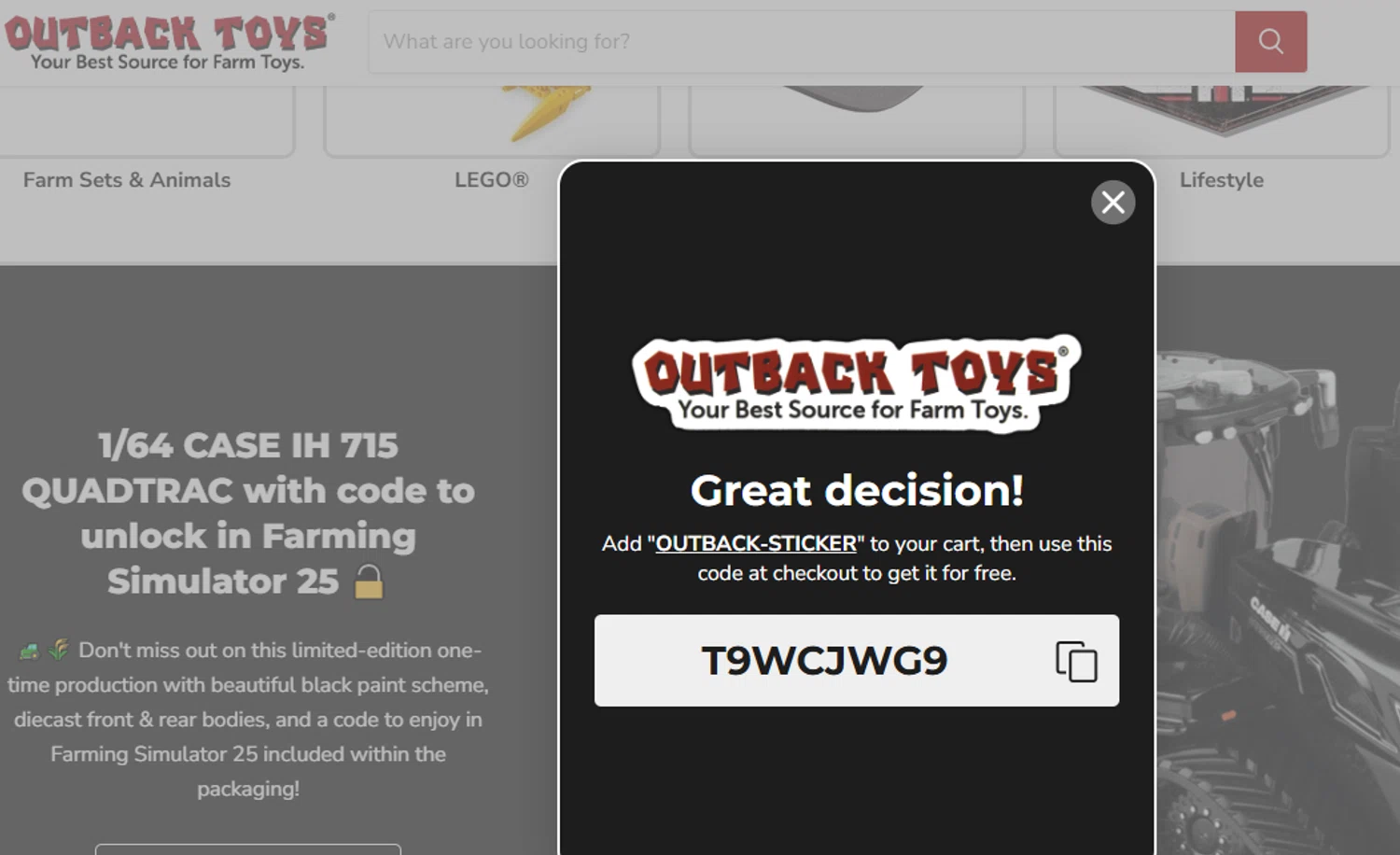 Outback Toys promo code screenshot showing code T9WCJWG9 applied at Outback Toys checkout page. Uploaded by SimplyCodes community member ashe1986 on Dec 10, 2025