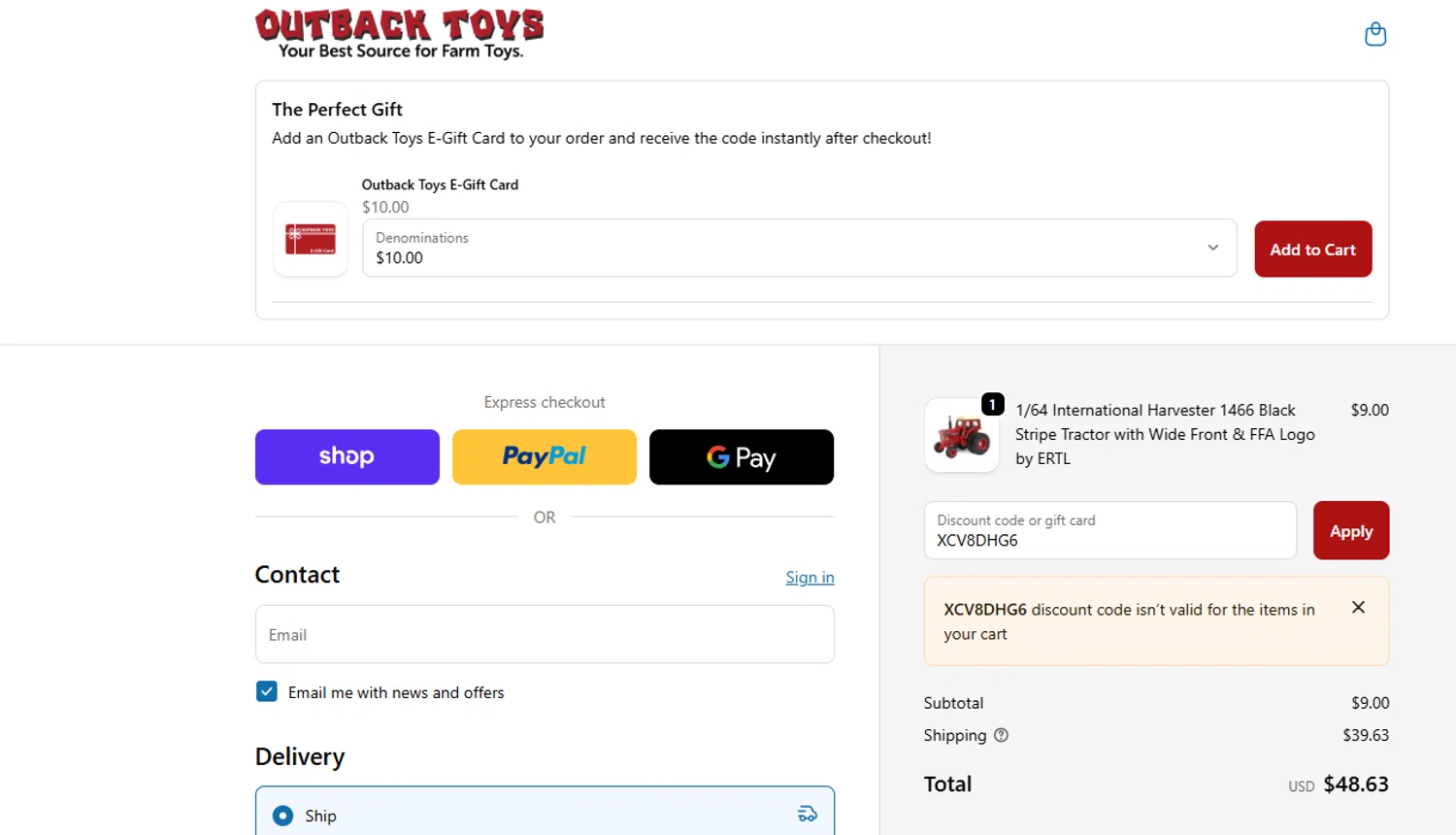 Outback Toys promo code screenshot showing code XCV8DHG6 applied at Outback Toys checkout page. Uploaded by SimplyCodes community member ashe1986 on Oct 29, 2025