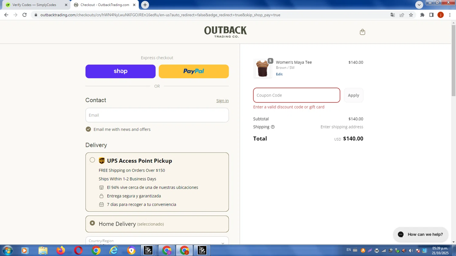 Outback Trading Company discount code screenshot showing code SUMMEREND50 applied at Outback Trading Company checkout page. Uploaded by SimplyCodes community member AlfredoBonifacio on Oct 21, 2025