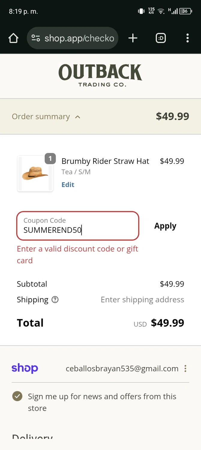 Outback Trading Company discount code screenshot showing code SUMMEREND50 applied at Outback Trading Company checkout page. Uploaded by SimplyCodes community member Ryan_Garcia on Oct 22, 2025