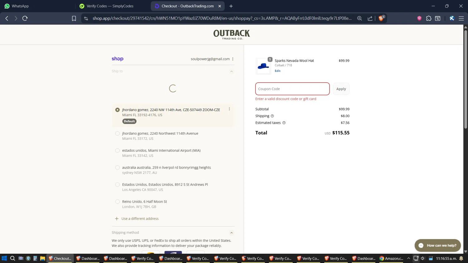 Outback Trading Company discount code screenshot showing code NFR20 applied at Outback Trading Company checkout page. Uploaded by SimplyCodes community member SimplyGOAT on Nov 7, 2025