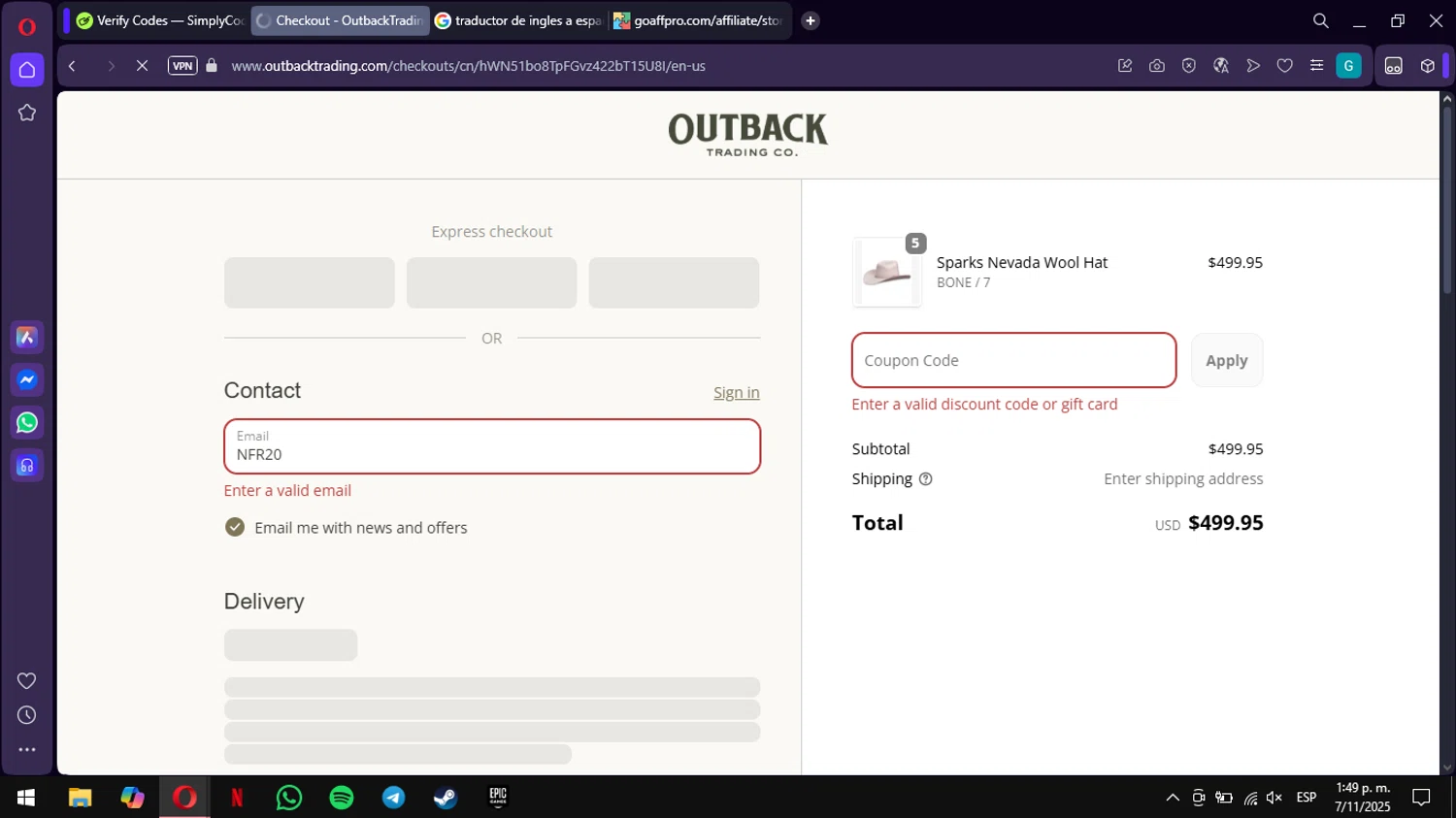 Outback Trading Company discount code screenshot showing code NFR20 applied at Outback Trading Company checkout page. Uploaded by SimplyCodes community member ValiantWarden3907 on Nov 7, 2025