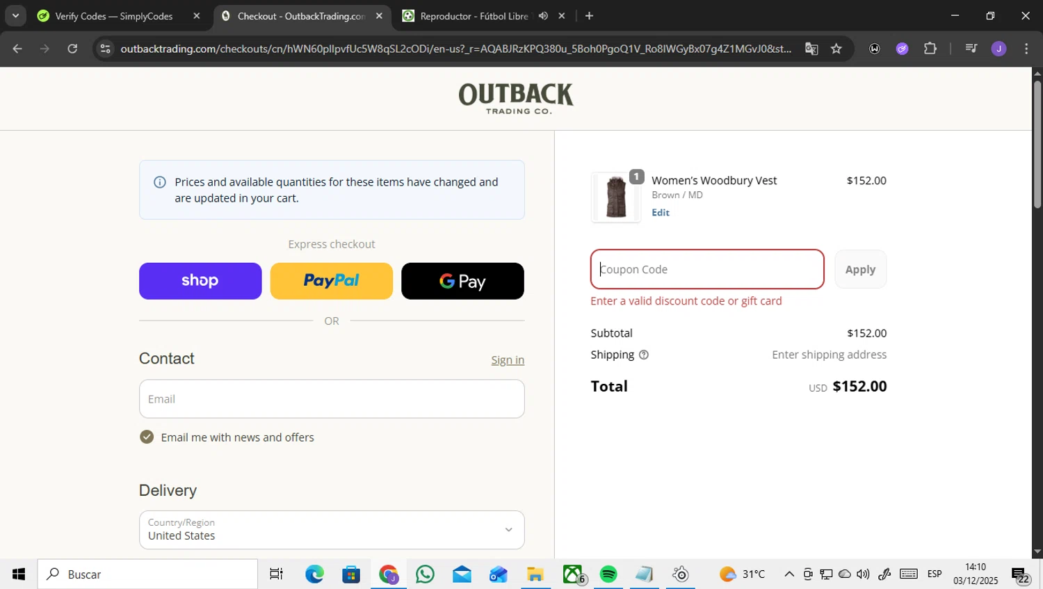Outback Trading Company discount code screenshot showing code OUTLET20 applied at Outback Trading Company checkout page. Uploaded by SimplyCodes community member ENCARAMESSI on Dec 3, 2025
