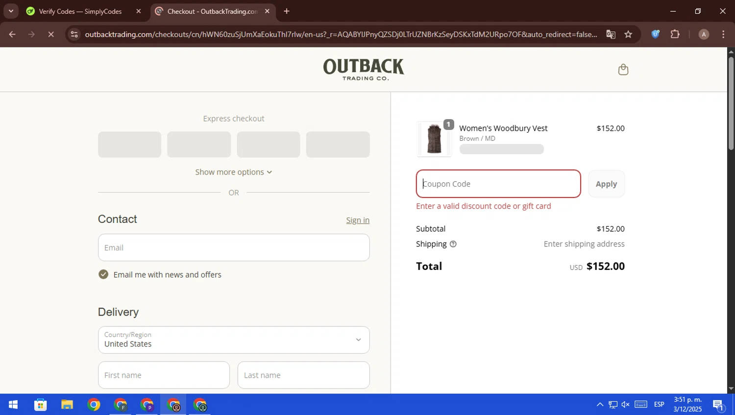 Outback Trading Company discount code screenshot showing code OUTLET20 applied at Outback Trading Company checkout page. Uploaded by SimplyCodes community member ScanFalcon6148 on Dec 3, 2025