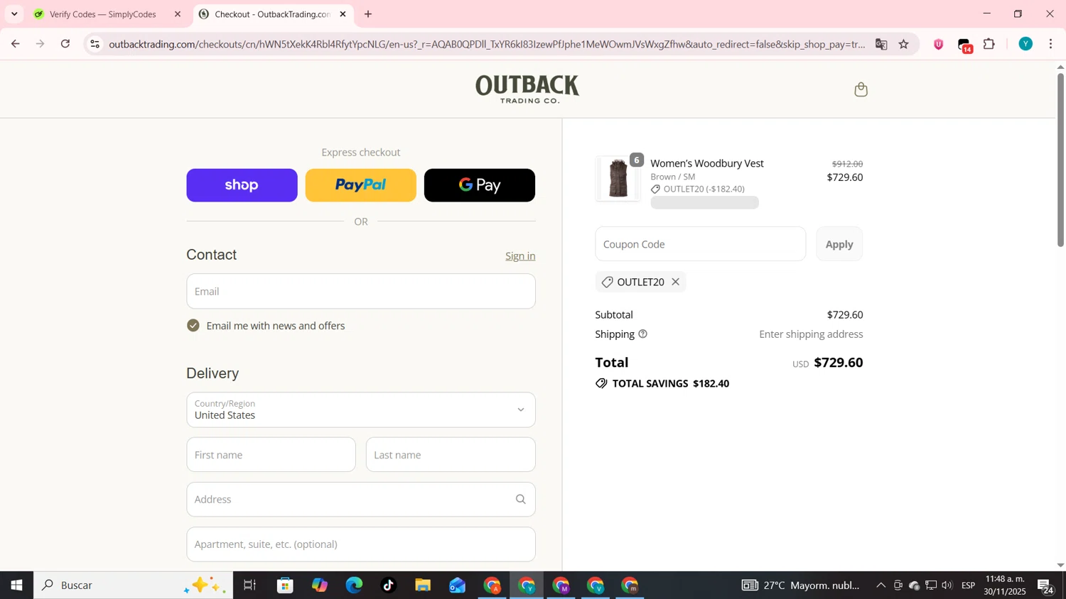 Outback Trading Company checkout page showing Outback Trading Company discount code box | Screenshot taken by SimplyCodes community member on Nov 30, 2025