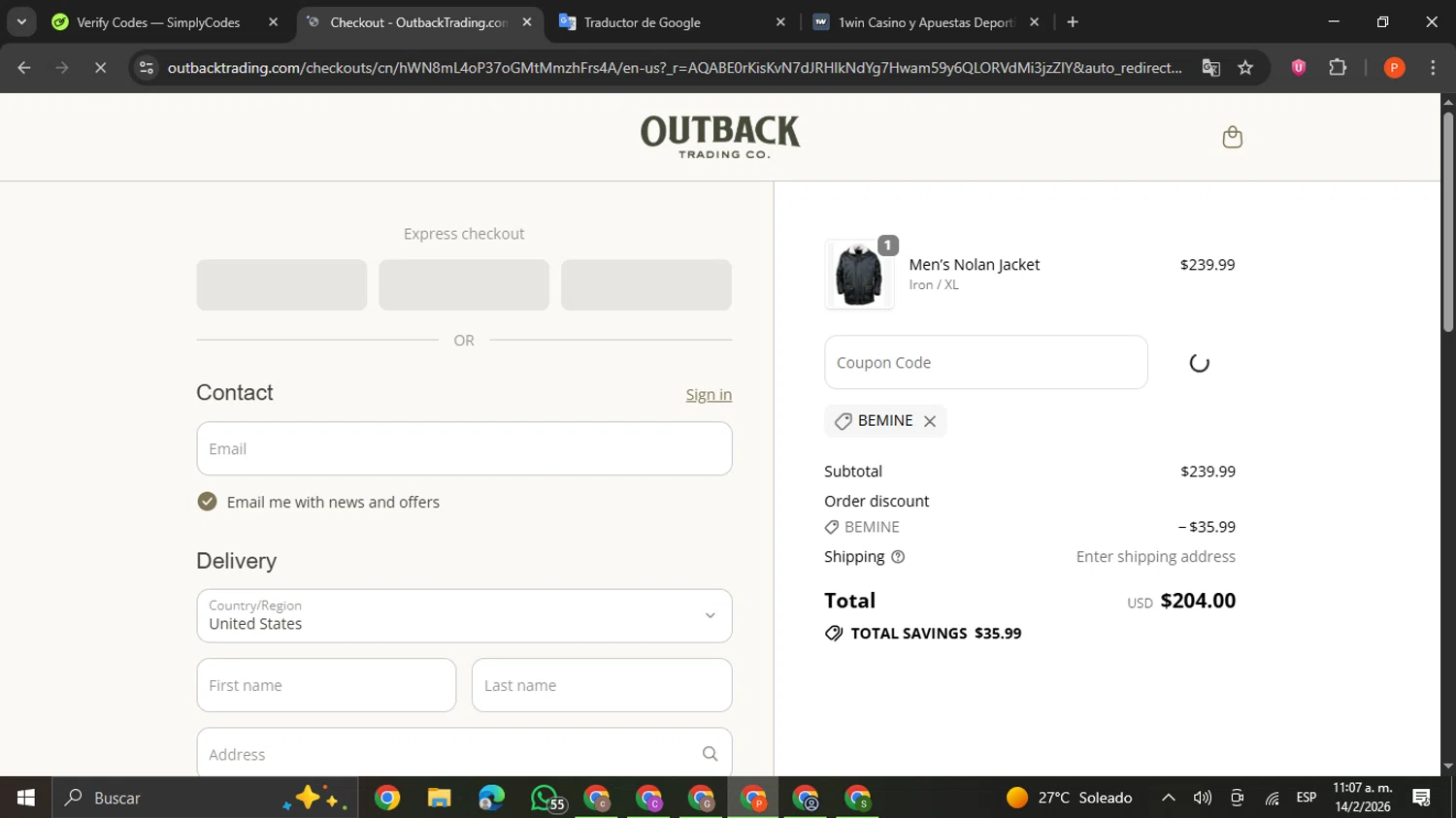 Outback Trading Company checkout page showing Outback Trading Company discount code box | Screenshot taken by SimplyCodes community member on Feb 14, 2026