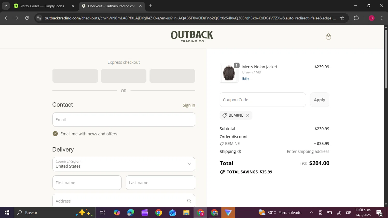 Outback Trading Company checkout page showing Outback Trading Company discount code box | Screenshot taken by SimplyCodes community member on Feb 14, 2026