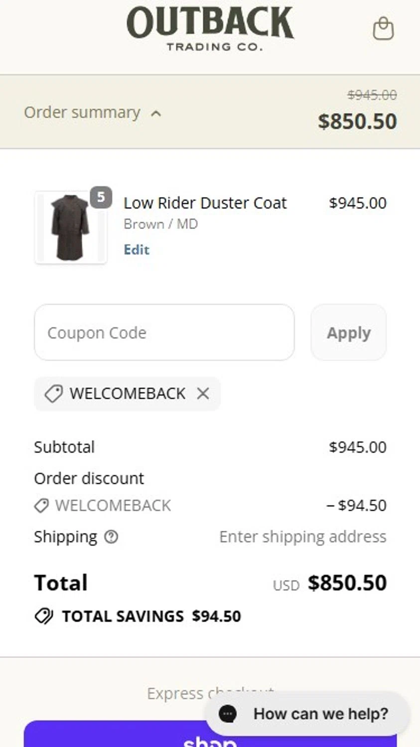 Outback Trading Company discount code screenshot showing code WELCOMEBACK applied at Outback Trading Company checkout page. Uploaded by SimplyCodes community member RonaldoM32 on Dec 5, 2025