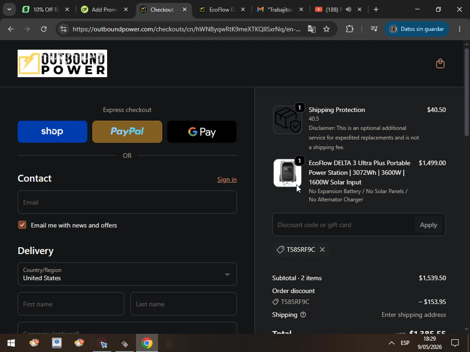 Outbound Power promo code screenshot showing code T585RF9C applied at Outbound Power checkout page. Uploaded by SimplyCodes community member MarcosAranguren on May 9, 2026