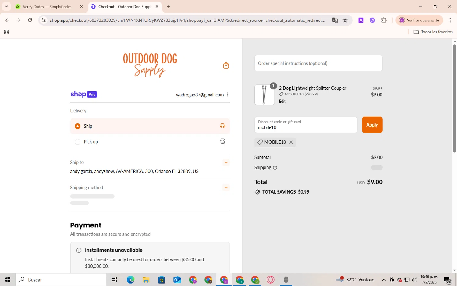 Outdoor Dog Supply promo code screenshot showing code mobile10 applied at Outdoor Dog Supply checkout page. Uploaded by SimplyCodes community member Andygar on Aug 7, 2025