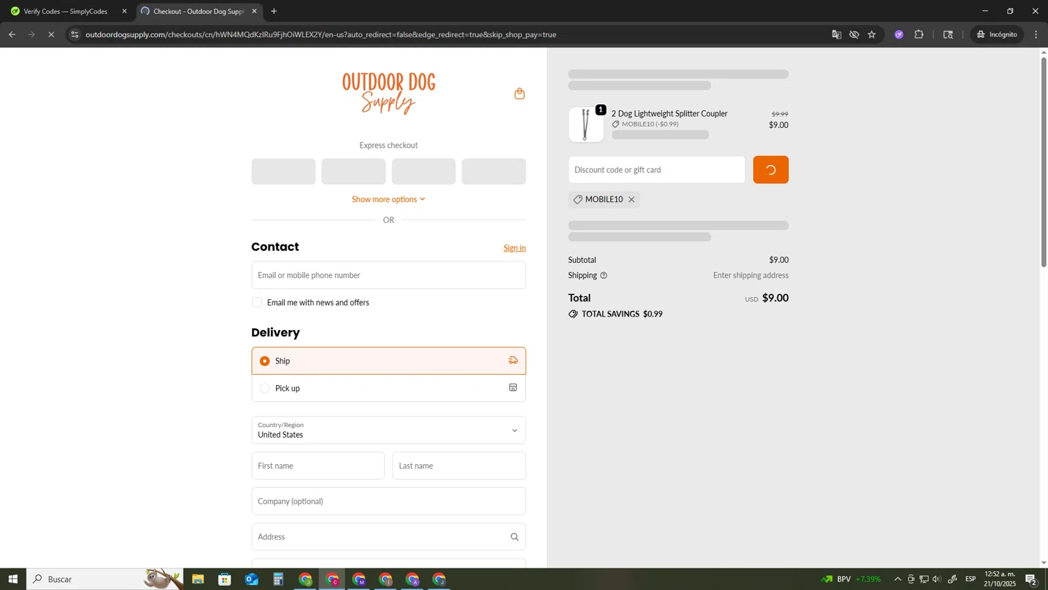 Outdoor Dog Supply promo code screenshot showing code mobile10 applied at Outdoor Dog Supply checkout page. Uploaded by SimplyCodes community member TOROREX250 on Oct 21, 2025