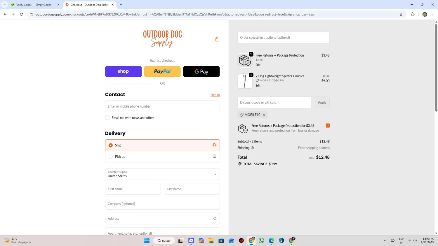 Outdoor Dog Supply promo code screenshot showing code mobile10 applied at Outdoor Dog Supply checkout page. Uploaded by SimplyCodes community member WonderLion2189 on Dec 8, 2025