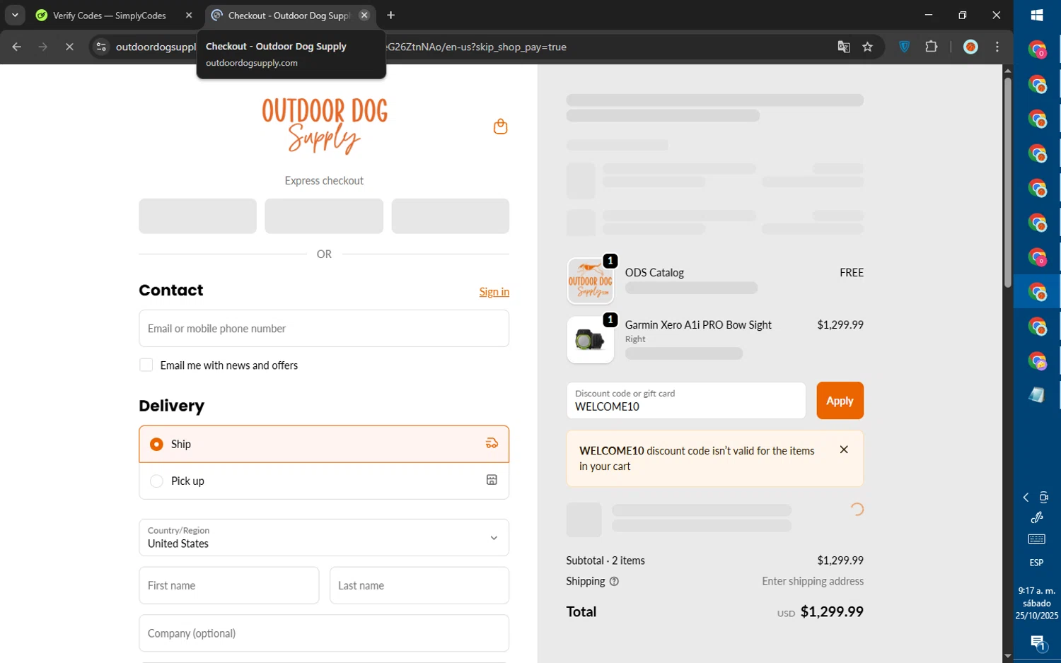 Outdoor Dog Supply promo code screenshot showing code WELCOME10 applied at Outdoor Dog Supply checkout page. Uploaded by SimplyCodes community member SalePhoenix823 on Oct 25, 2025