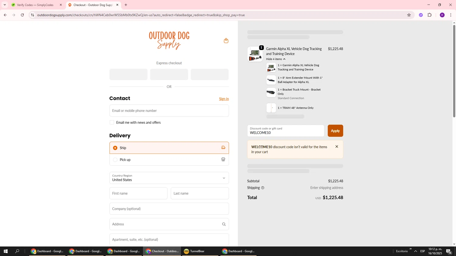 Outdoor Dog Supply promo code screenshot showing code WELCOME10 applied at Outdoor Dog Supply checkout page. Uploaded by SimplyCodes community member ukemochi on Oct 17, 2025