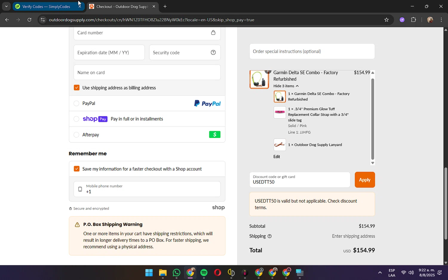 Outdoor Dog Supply promo code screenshot showing code USEDTT50 applied at Outdoor Dog Supply checkout page. Uploaded by SimplyCodes community member JennaOrtega on Aug 8, 2025