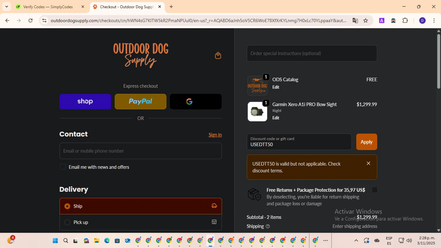 Outdoor Dog Supply promo code screenshot showing code USEDTT50 applied at Outdoor Dog Supply checkout page. Uploaded by SimplyCodes community member MagnificentFinder9583 on Nov 3, 2025