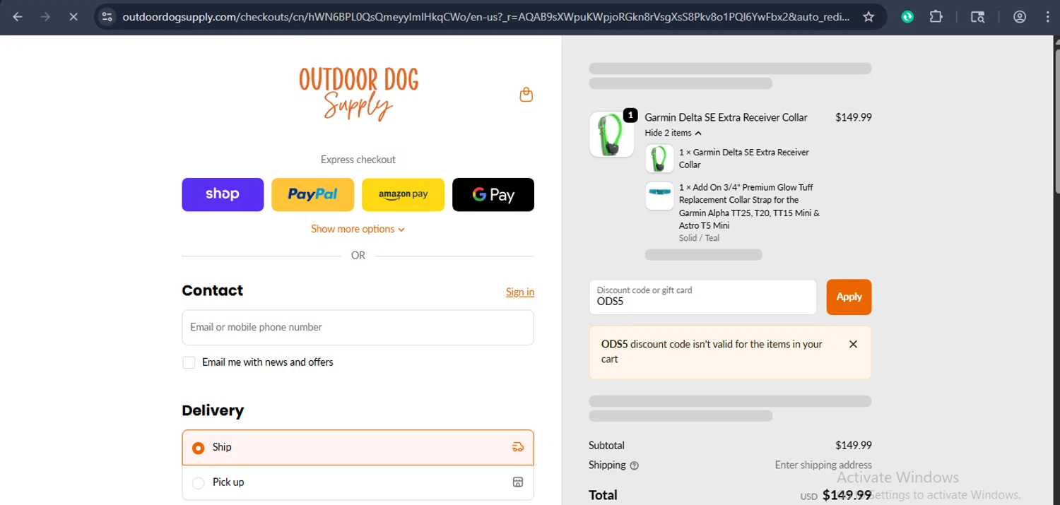 Outdoor Dog Supply promo code screenshot showing code ODS5 applied at Outdoor Dog Supply checkout page. Uploaded by SimplyCodes community member xaswqe on Dec 8, 2025