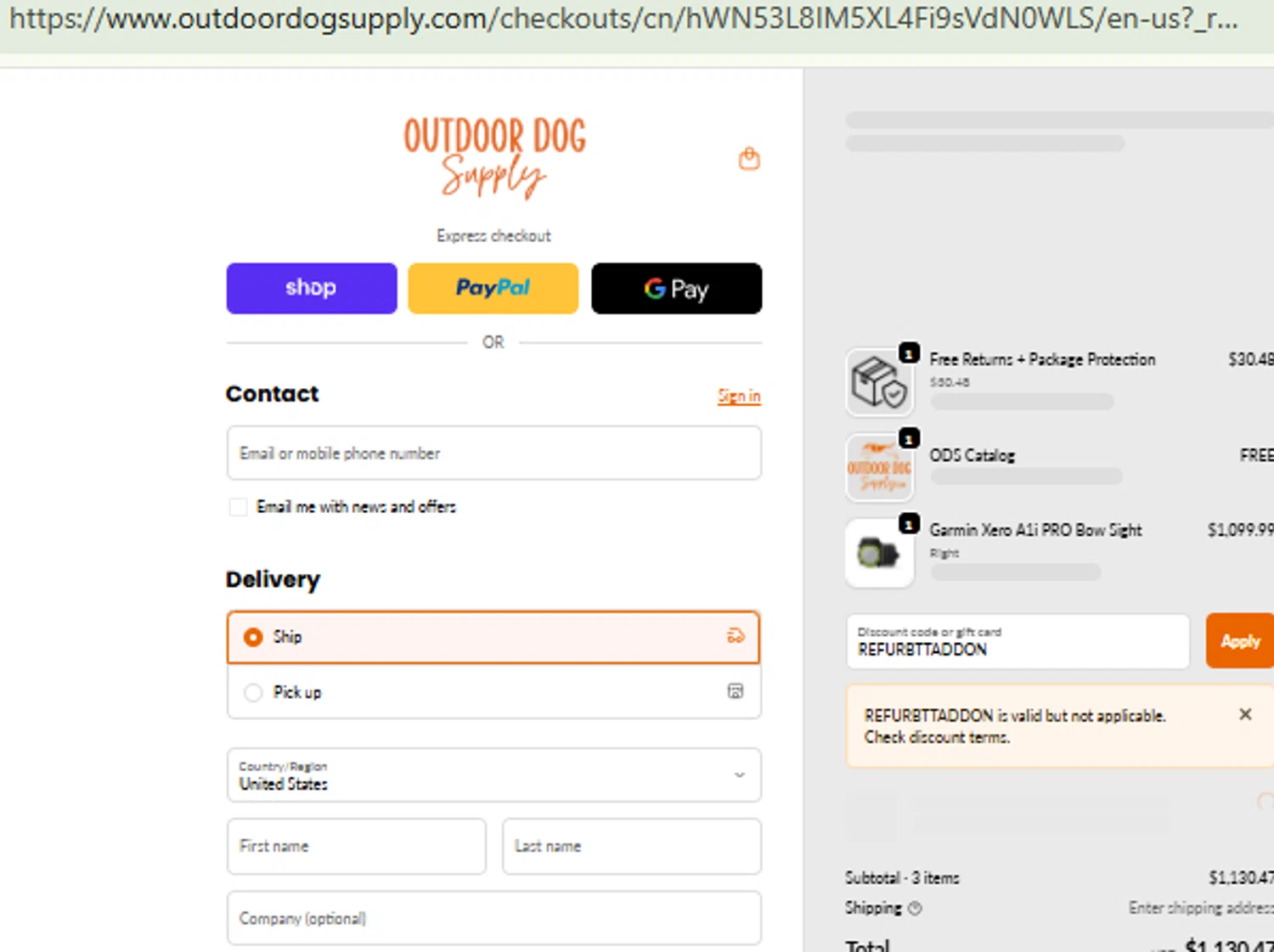 Outdoor Dog Supply promo code screenshot showing code REFURBTTADDON applied at Outdoor Dog Supply checkout page. Uploaded by SimplyCodes community member RewardFinder4836 on Nov 8, 2025