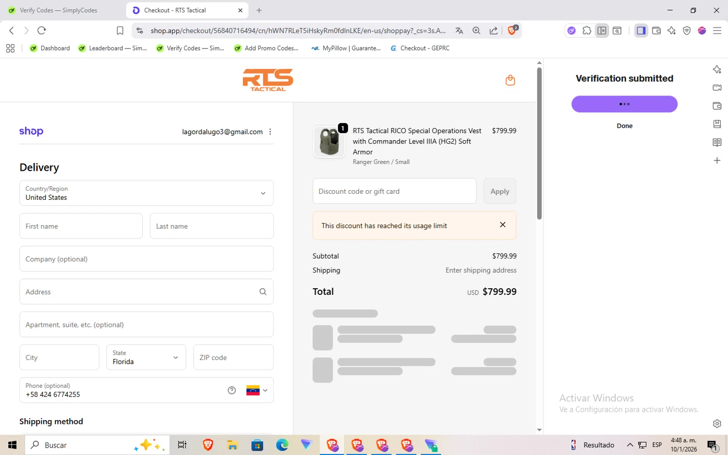 Outdoor Dog Supply promo code screenshot showing code REFURBTTADDON applied at Outdoor Dog Supply checkout page. Uploaded by SimplyCodes community member aaaaaaaaaaaaaaa on Jan 10, 2026