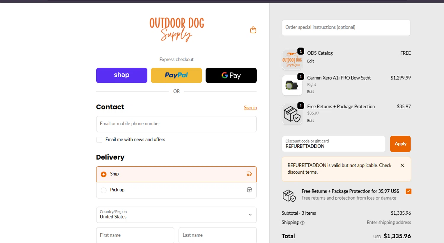 Outdoor Dog Supply promo code screenshot showing code REFURBTTADDON applied at Outdoor Dog Supply checkout page. Uploaded by SimplyCodes community member ashe1986 on Oct 10, 2025