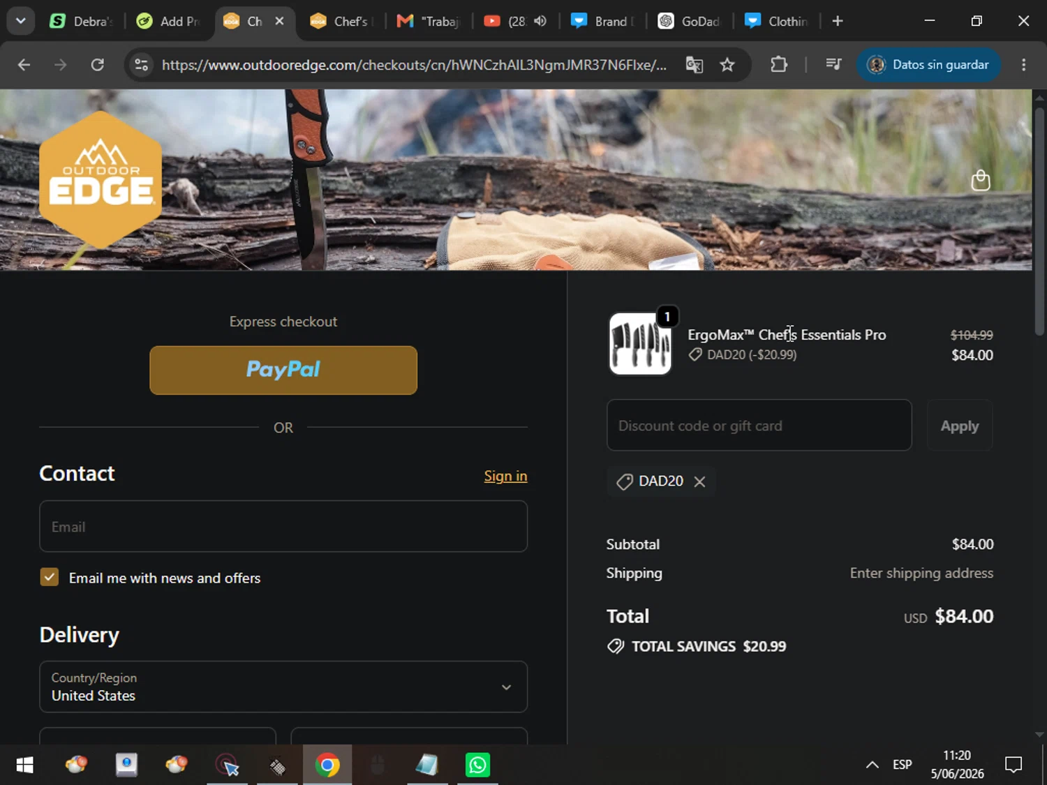 Outdoor Edge promo code screenshot showing code dad20 applied at Outdoor Edge checkout page. Uploaded by SimplyCodes community member MarcosAranguren on Jun 5, 2026
