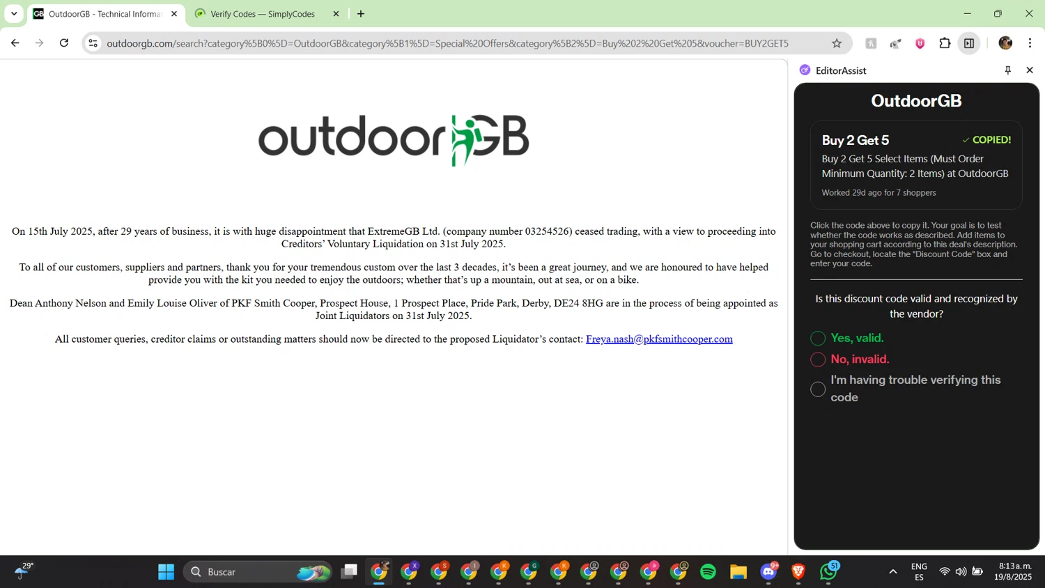 OutdoorGB promo code screenshot showing code BUY2GET5 applied at OutdoorGB checkout page. Uploaded by SimplyCodes community member alfredish on Aug 19, 2025