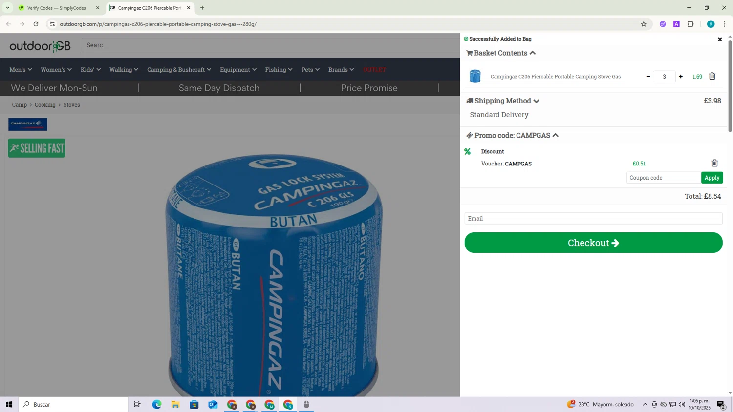 OutdoorGB checkout page showing OutdoorGB promo code box | Screenshot taken by SimplyCodes community member on Oct 10, 2025