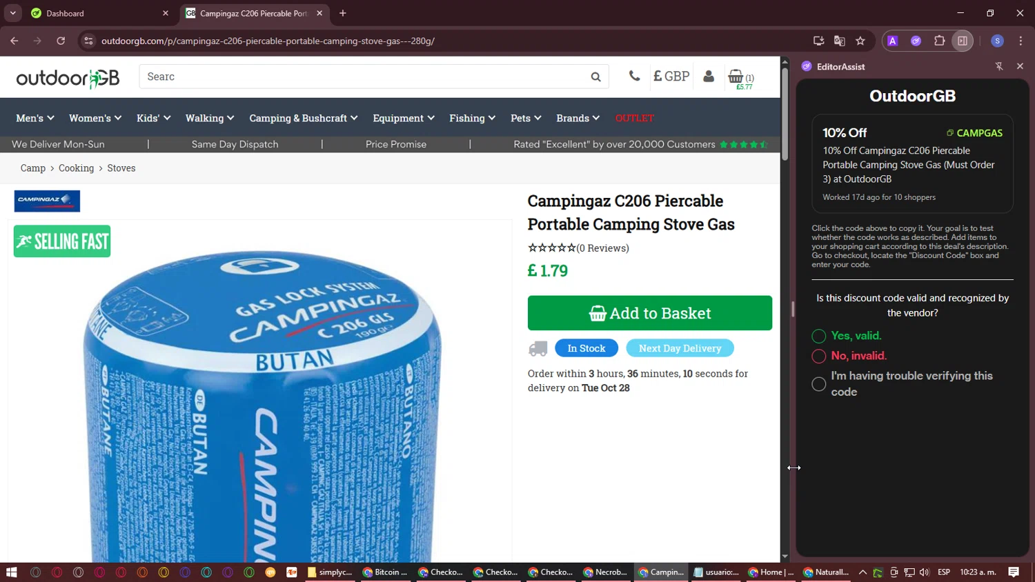 OutdoorGB checkout page showing OutdoorGB promo code box | Screenshot taken by SimplyCodes community member on Oct 27, 2025