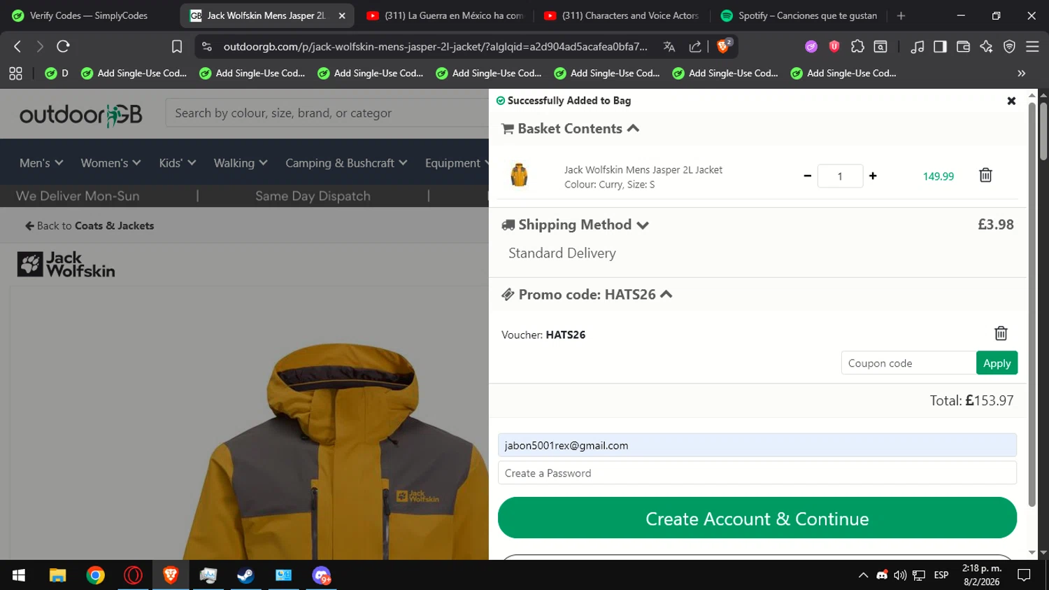 OutdoorGB checkout page showing OutdoorGB promo code box | Screenshot taken by SimplyCodes community member on Feb 8, 2026