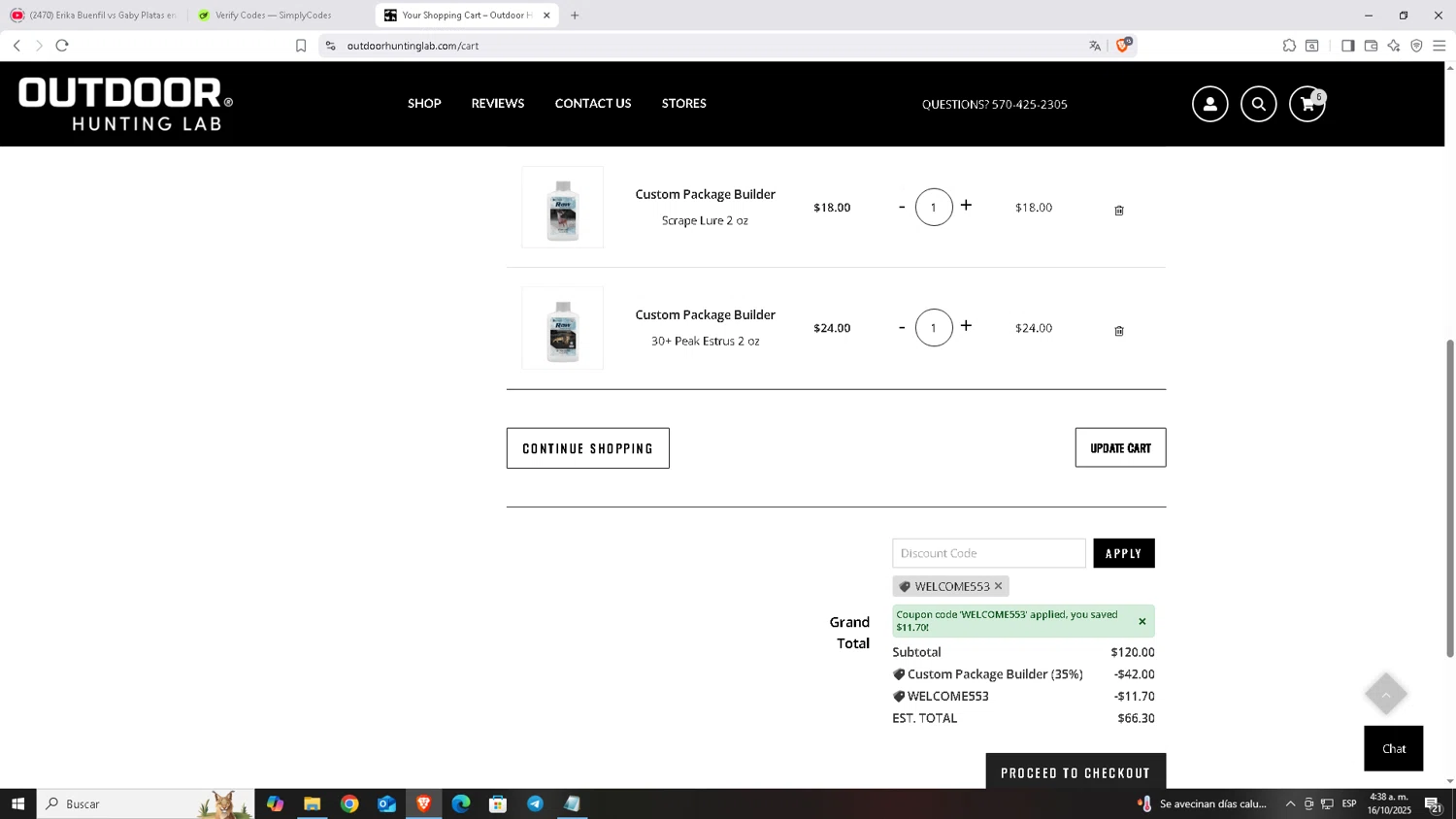 Outdoor Hunting Lab discount code screenshot showing code WELCOME553 applied at Outdoor Hunting Lab checkout page. Uploaded by SimplyCodes community member Carloscoder_900457733 on Oct 16, 2025