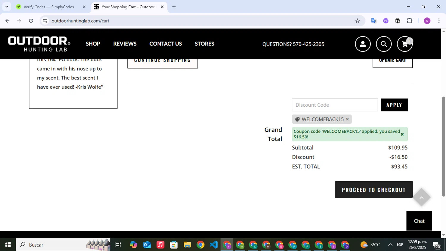 Outdoor Hunting Lab discount code screenshot showing code WELCOMEBACK15 applied at Outdoor Hunting Lab checkout page. Uploaded by SimplyCodes community member WonderPioneer5062 on Aug 26, 2025