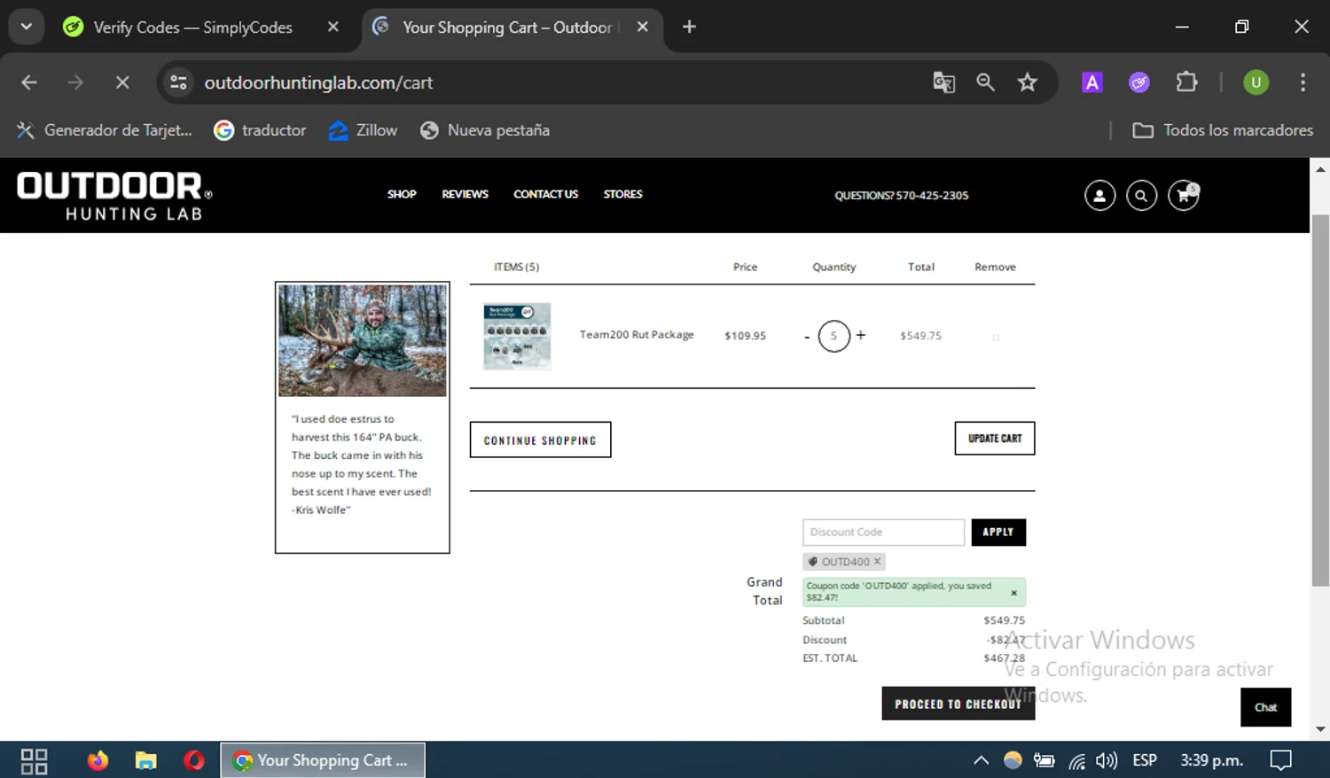Outdoor Hunting Lab discount code screenshot showing code Outd400 applied at Outdoor Hunting Lab checkout page. Uploaded by SimplyCodes community member CouponSaver4196 on Sep 8, 2025