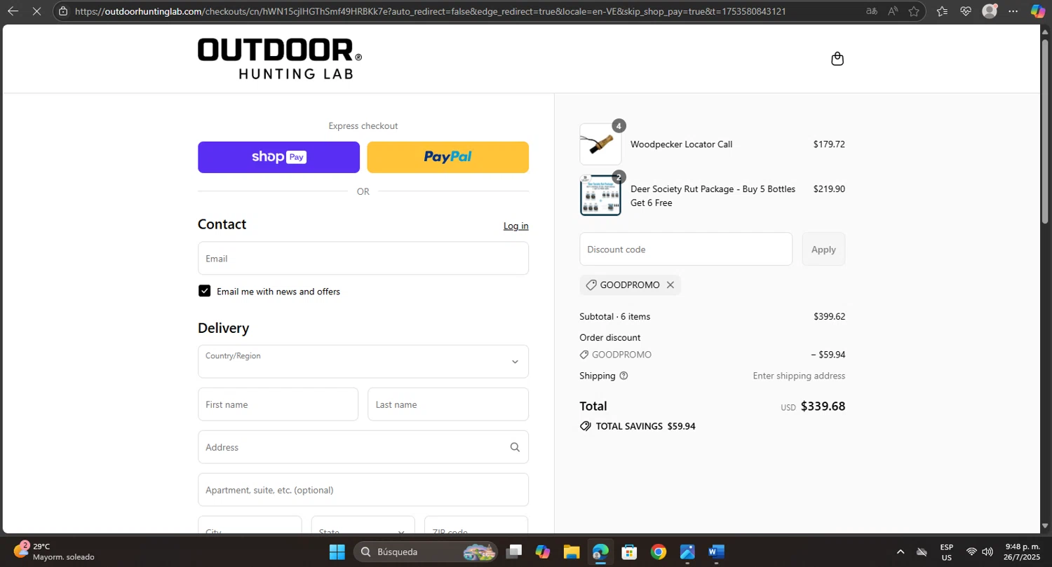 Outdoor Hunting Lab discount code screenshot showing code GOODPROMO applied at Outdoor Hunting Lab checkout page. Uploaded by SimplyCodes community member Maylinlr on Jul 27, 2025