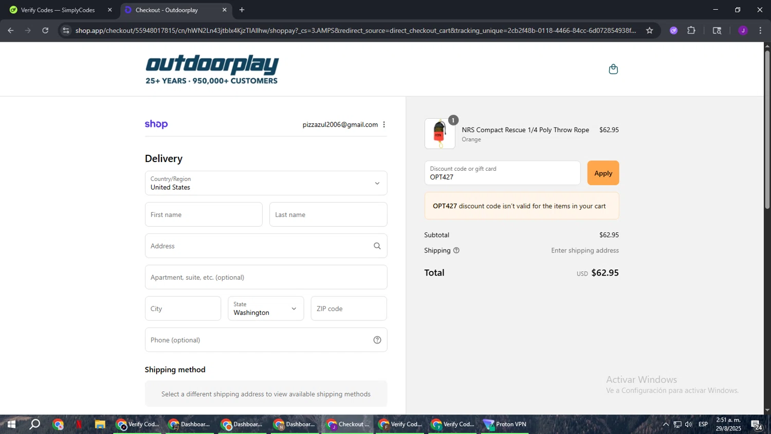 OutdoorPlay promo code screenshot showing code OPT427 applied at OutdoorPlay checkout page. Uploaded by SimplyCodes community member ComeBurra123 on Aug 29, 2025
