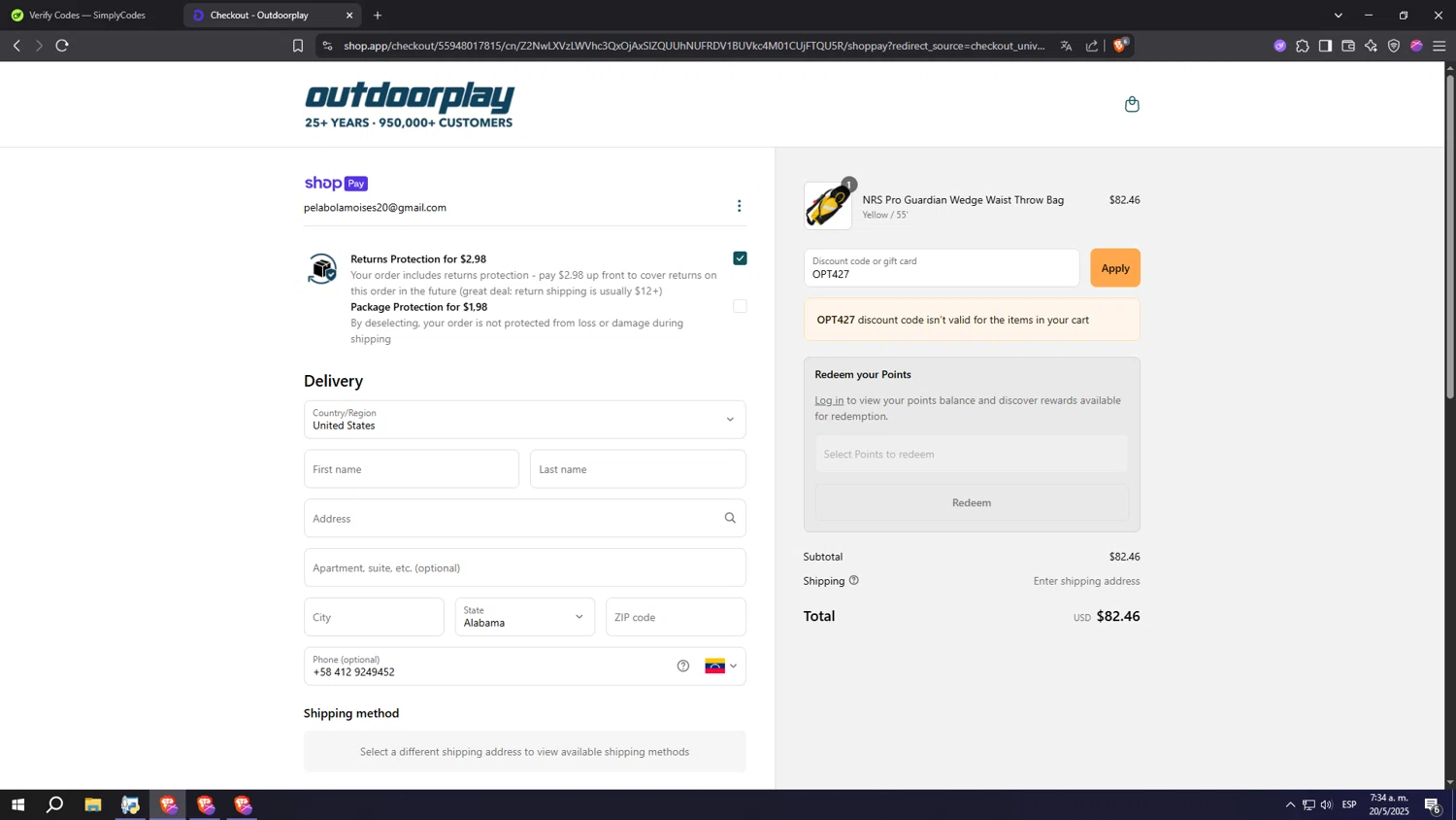 OutdoorPlay promo code screenshot showing code OPT427 applied at OutdoorPlay checkout page. Uploaded by SimplyCodes community member NARUTO_UZUMAKIsx on May 20, 2025