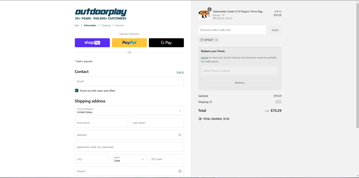 OutdoorPlay promo code screenshot showing code OPT427 applied at OutdoorPlay checkout page. Uploaded by SimplyCodes community member BrilliantGenius7871 on Feb 11, 2025