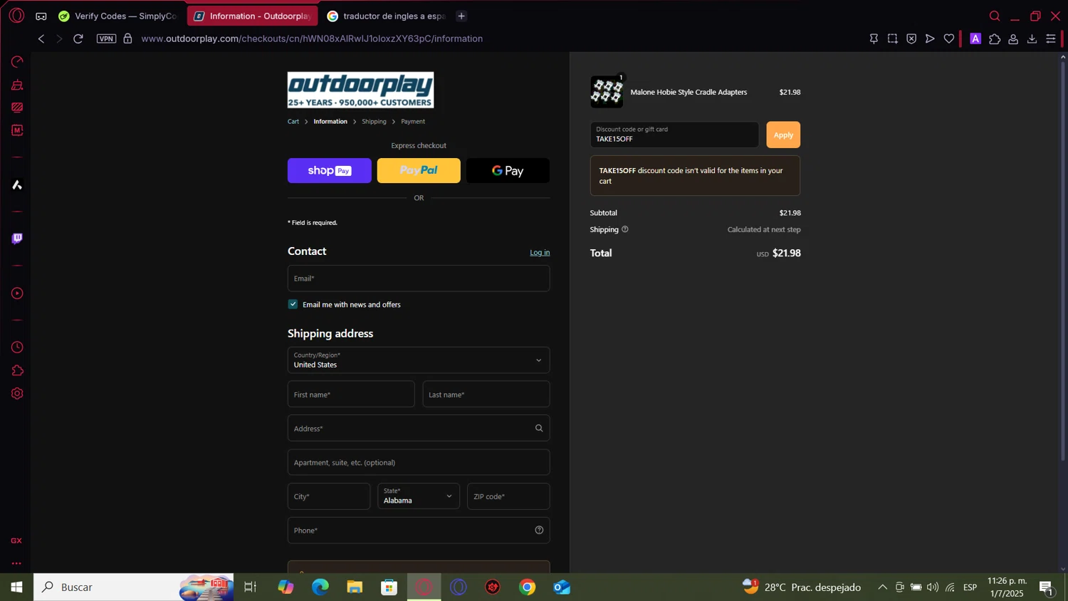 OutdoorPlay promo code screenshot showing code TAKE15OFF applied at OutdoorPlay checkout page. Uploaded by SimplyCodes community member MightyOwl9591 on Jul 2, 2025