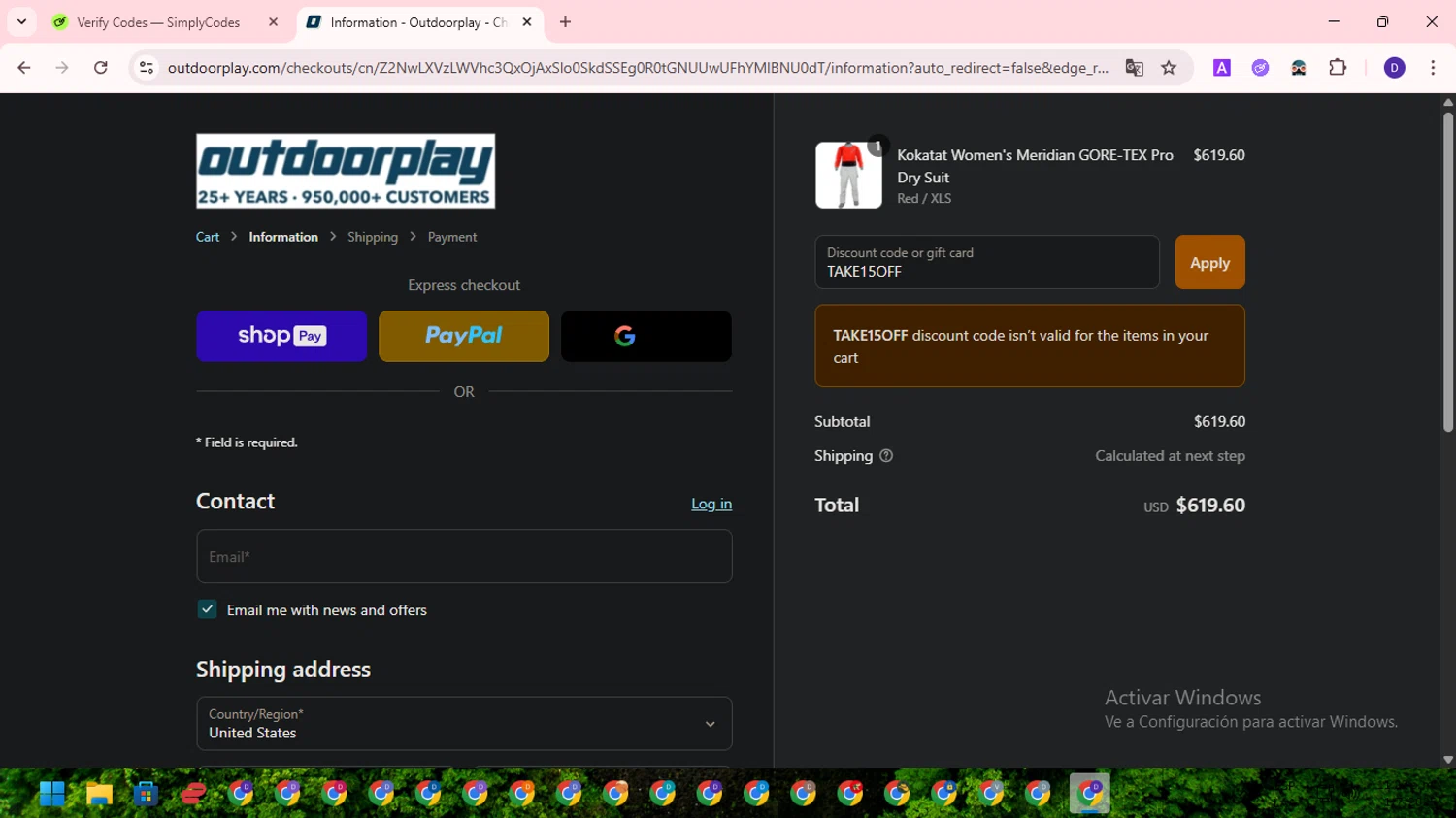 OutdoorPlay promo code screenshot showing code TAKE15OFF applied at OutdoorPlay checkout page. Uploaded by SimplyCodes community member WonderLion2890 on Jul 2, 2025