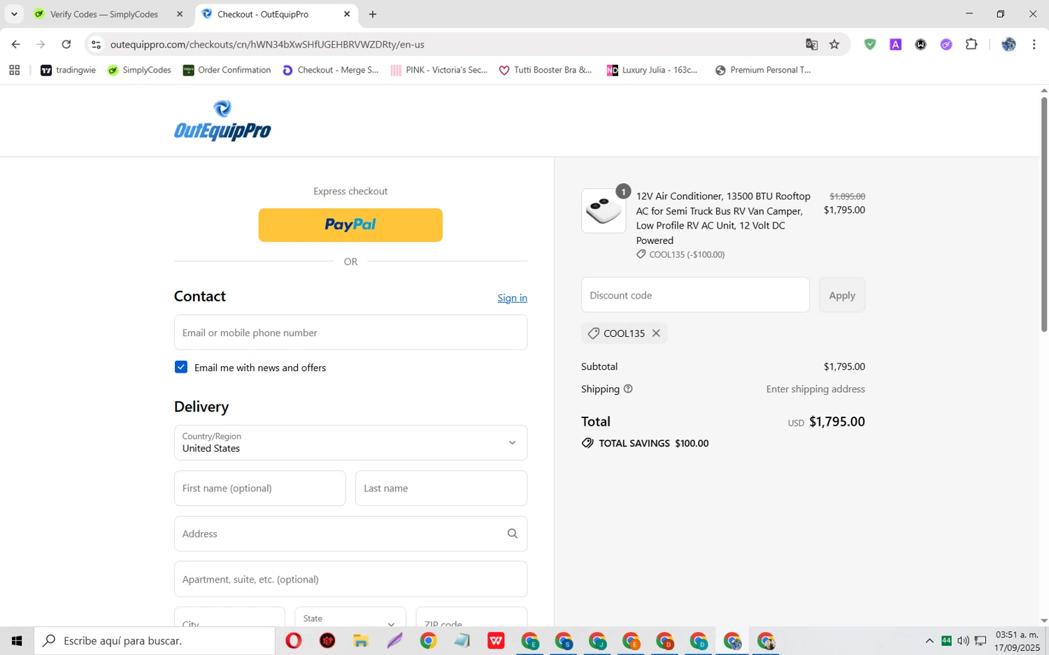 OutEquipPro promo code screenshot showing code COOL135 applied at OutEquipPro checkout page. Uploaded by SimplyCodes community member JoseH45 on Sep 17, 2025