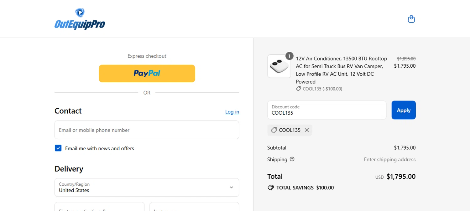 OutEquipPro promo code screenshot showing code COOL135 applied at OutEquipPro checkout page. Uploaded by SimplyCodes community member Myrulesmagazine23 on Sep 8, 2025