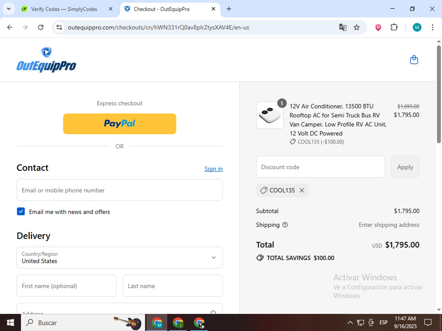 OutEquipPro promo code screenshot showing code COOL135 applied at OutEquipPro checkout page. Uploaded by SimplyCodes community member estrellaveloz on Sep 16, 2025